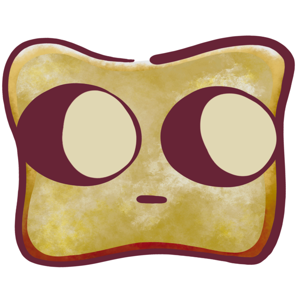 Cartoon of a piece of browned toast with two large eyes looking to the right and a single, small, line for a mouth.